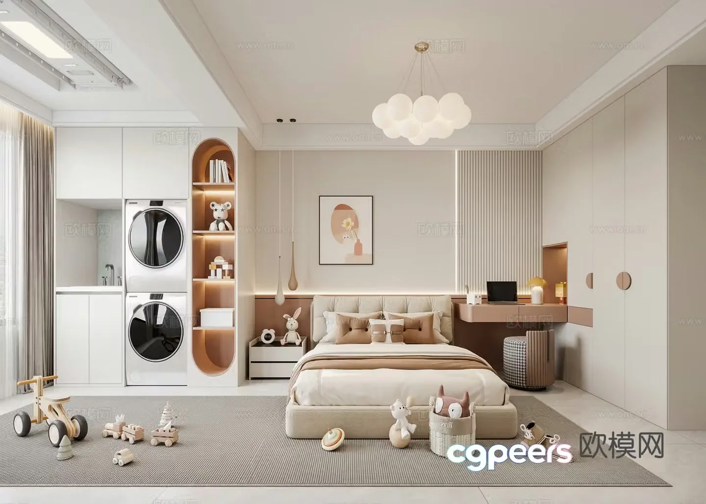 Modern children’s room bedroom daughter’s room double bed ceiling hanging painting wardrobe desk chair window 3d model