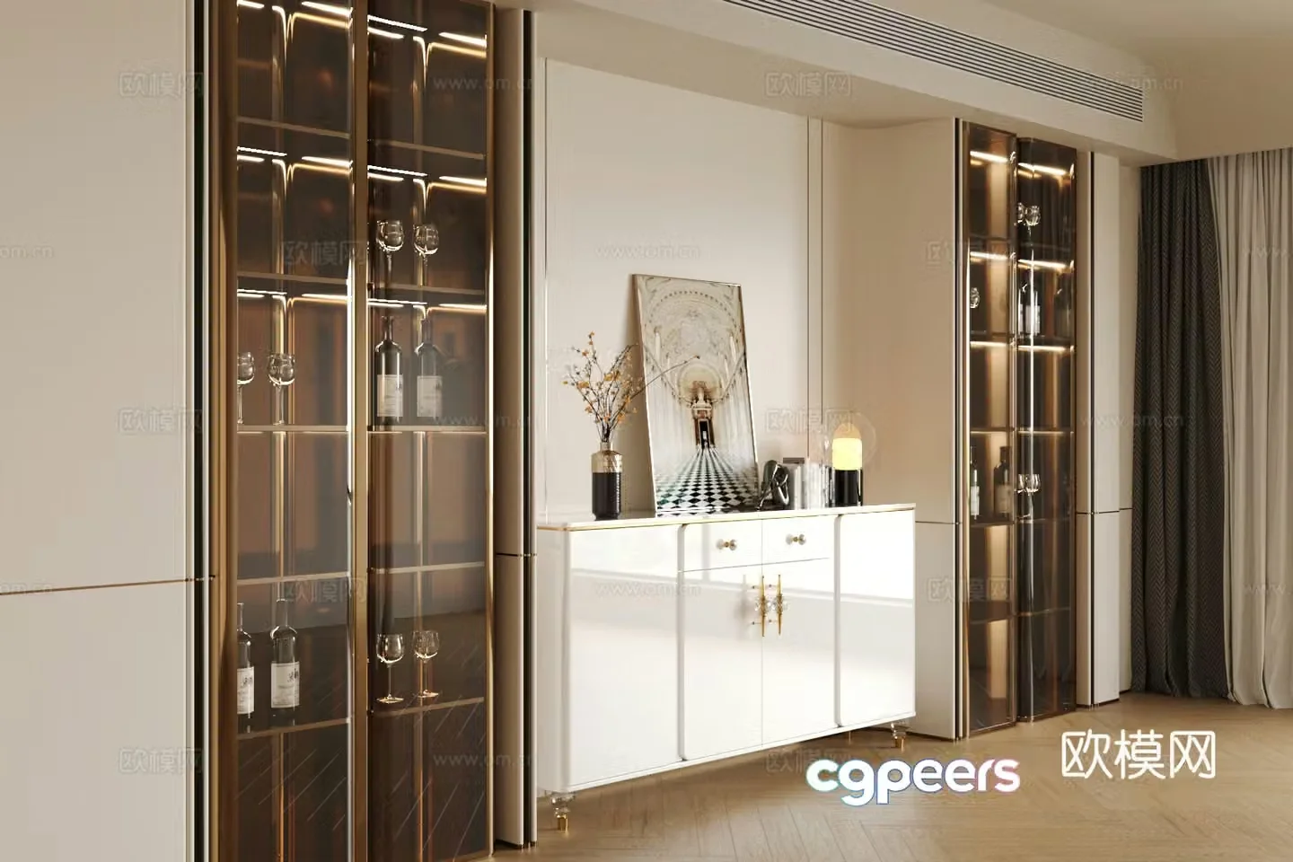 Italian light luxury entrance cabinet sideboard wine cabinet sideboard cabinet glass decoration cabinet entrance cabinet ornament 3D model