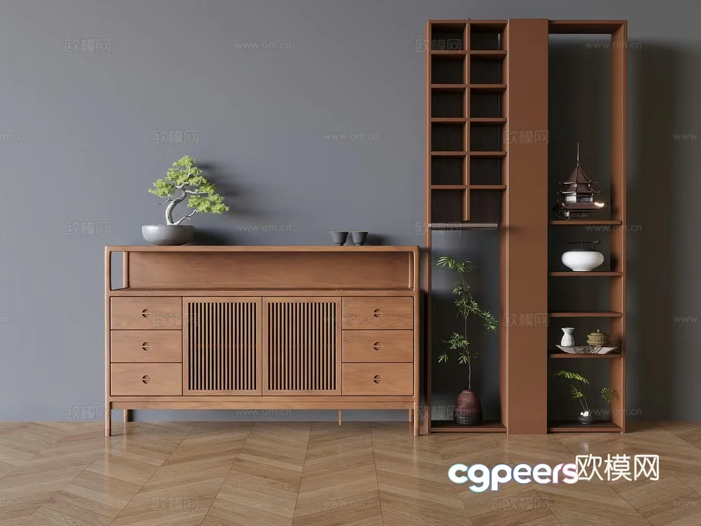 Medium style dining side storage cabinet side cabinet entrance cabinet storage cabinet solid wood ancient shelf tea cabinet 3D model