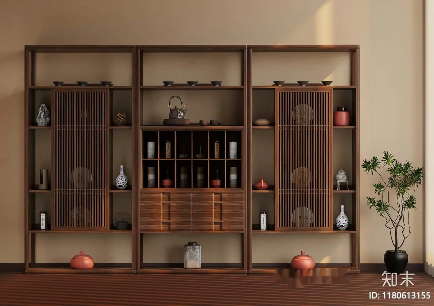 A Wooden Shelving Unit With Various Decorative Items 3D Model – 7746 – VRAY Render