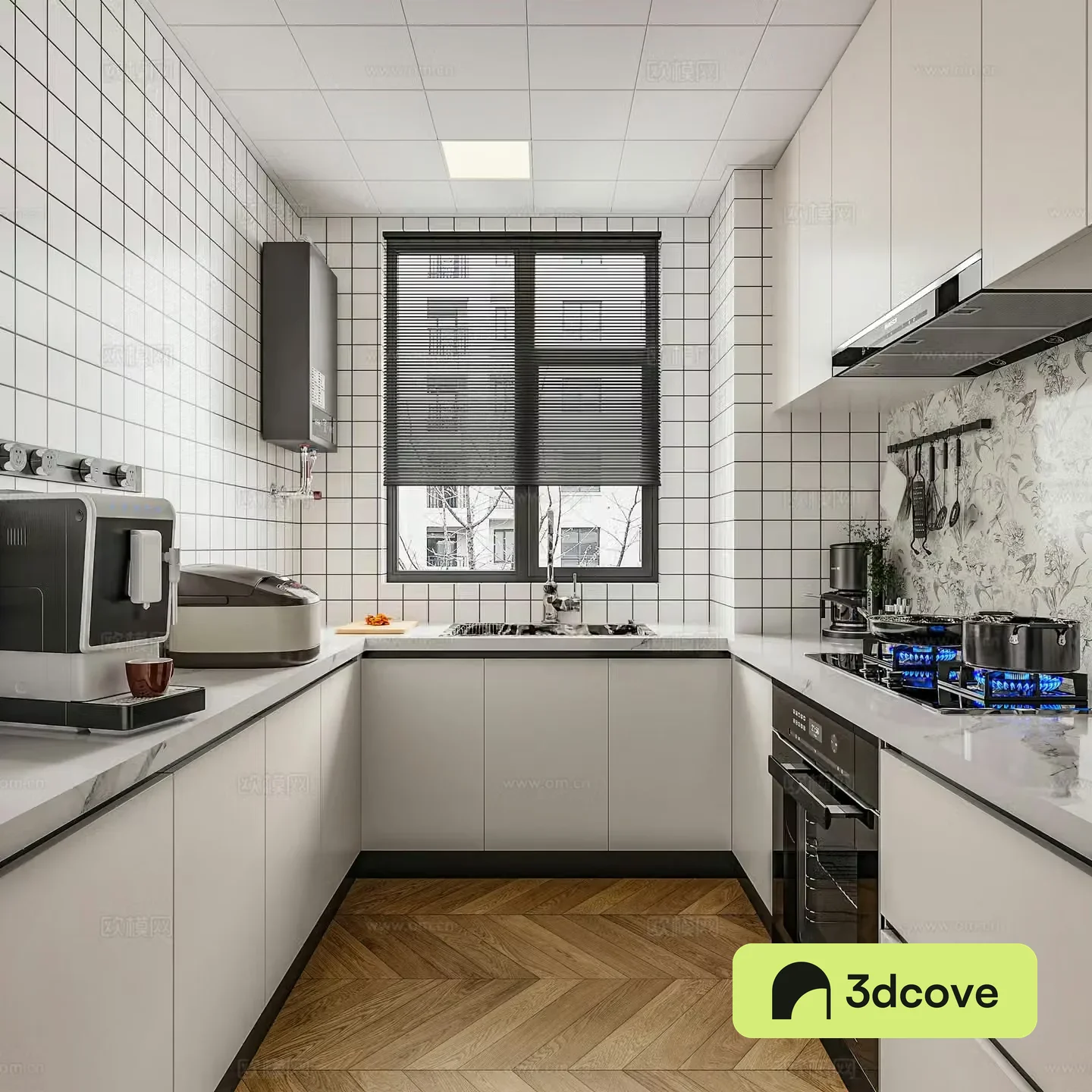 Modern kitchen range hood gas stove gas water heater coffee machine cabinet kitchen utensils electric