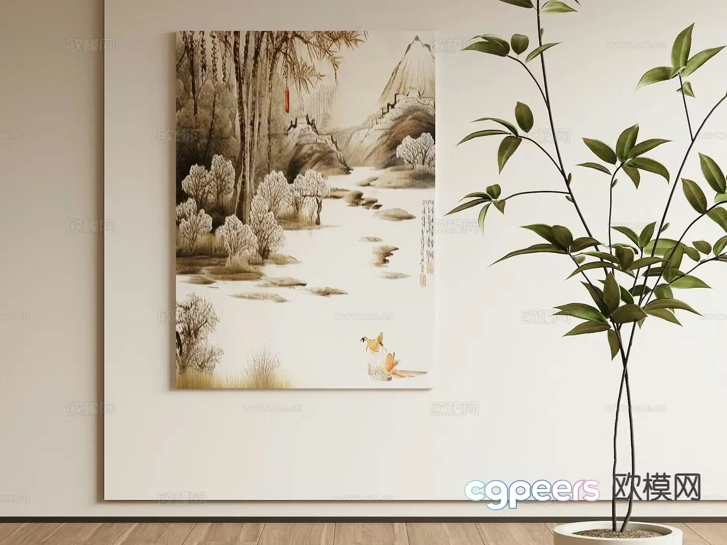 New Chinese style decorative painting landscape painting hanging painting 3D model