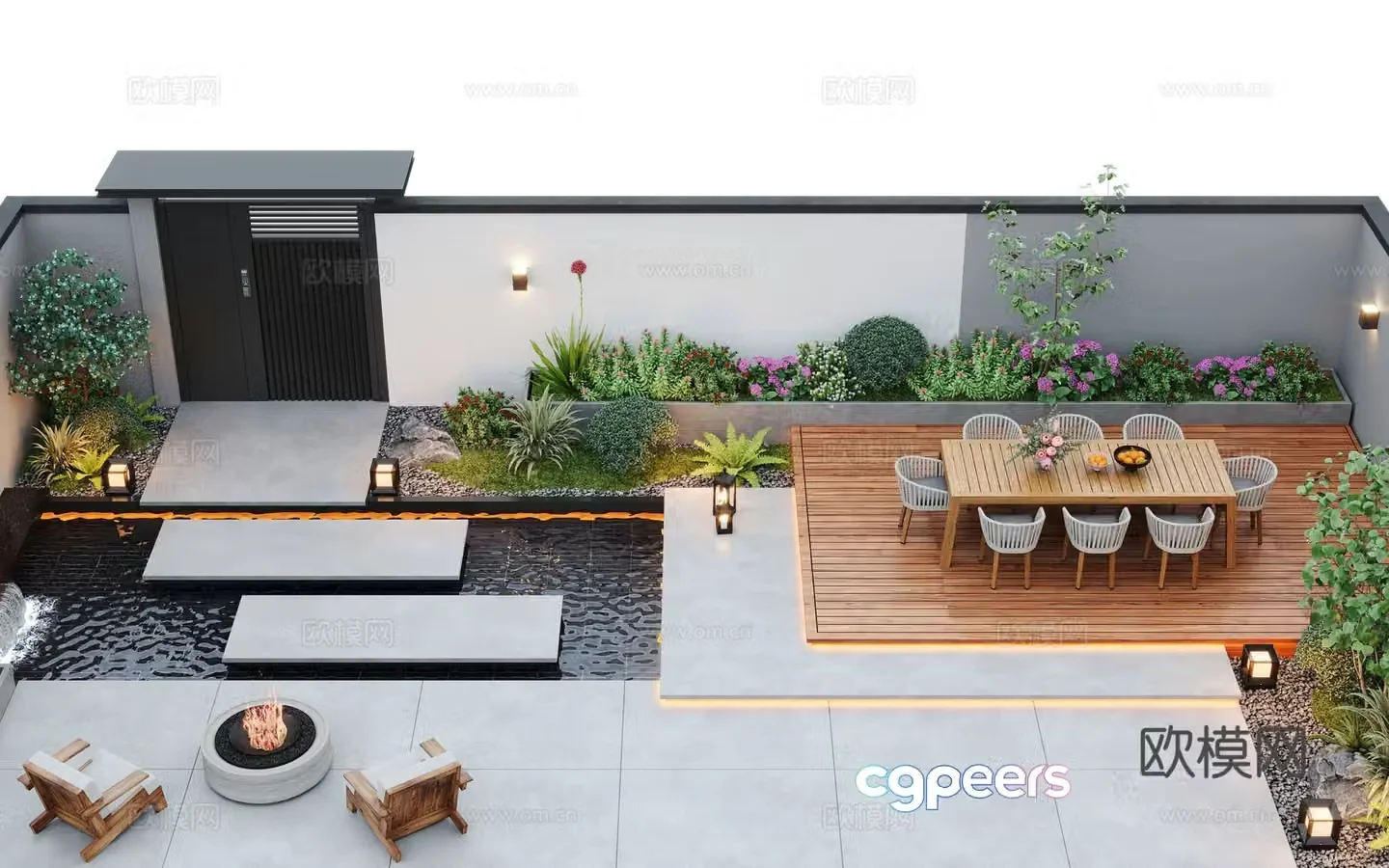Modern courtyard landscape courtyard garden courtyard water view outdoor leisure chair outdoor dining table 3d model