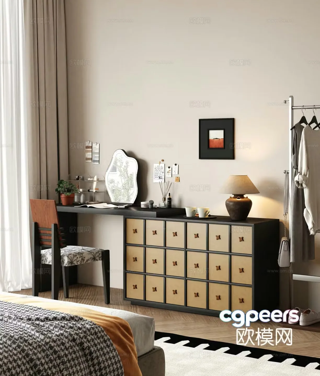 Middle style dressing table chest of drawers one-piece makeup stool 3D model