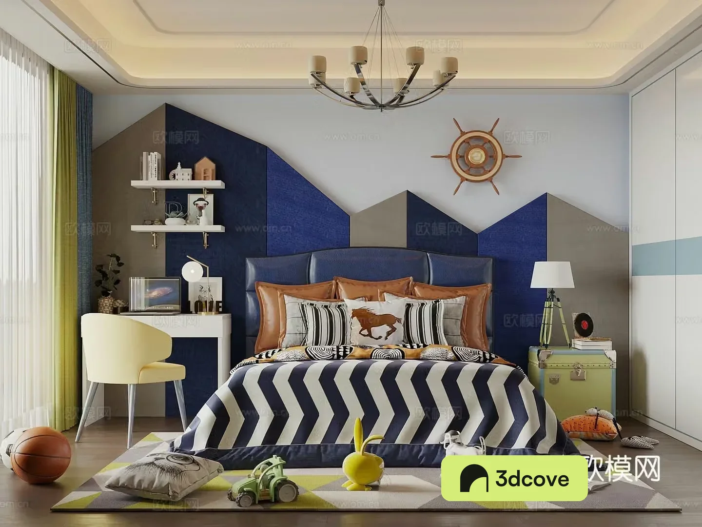 Modern simple children’s room boy’s room blue children’s room children’s bed bedside background wall