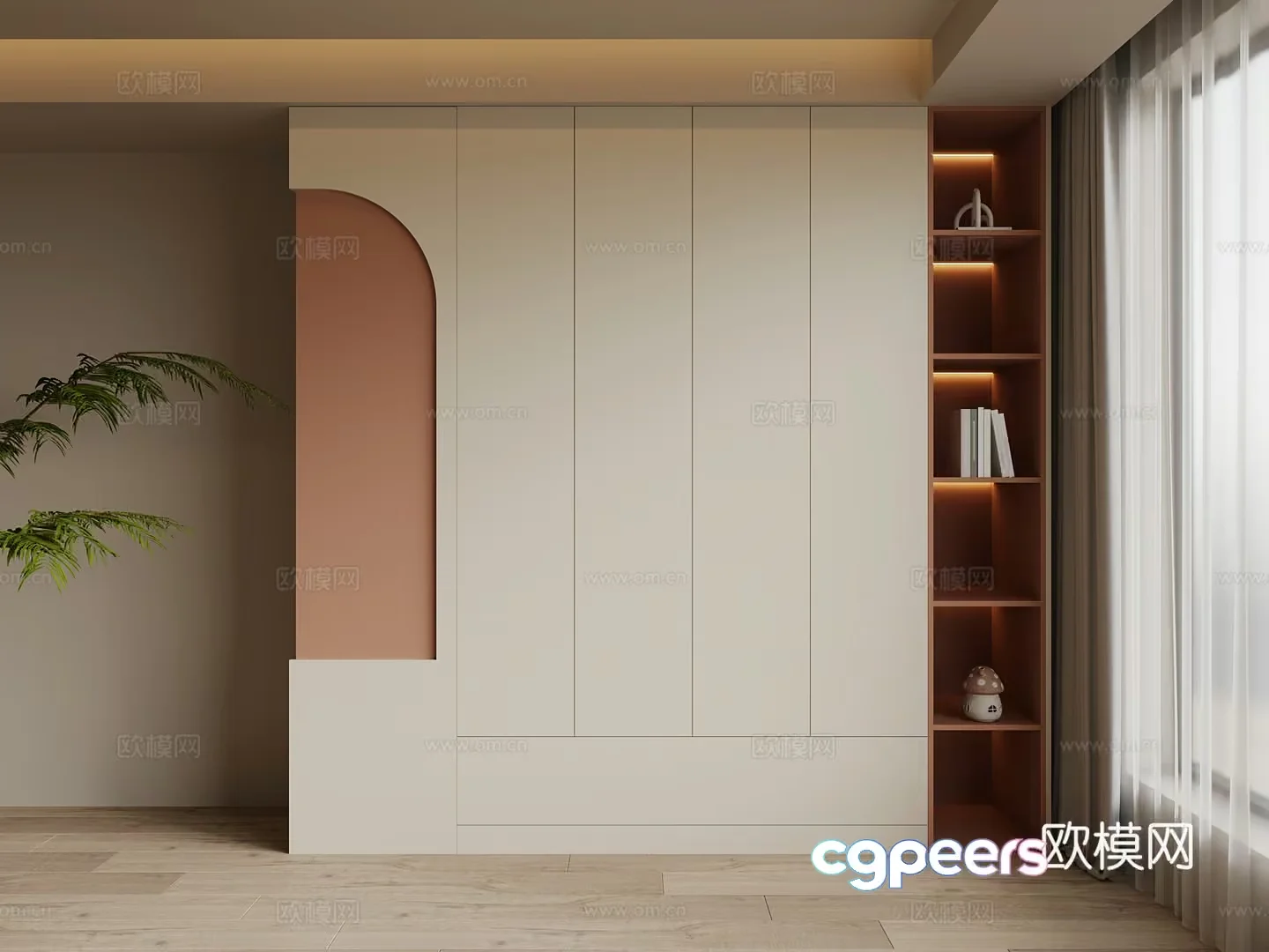 A White Wall With Shelves And A Plant 3D Model – 17665 – VRAY Render