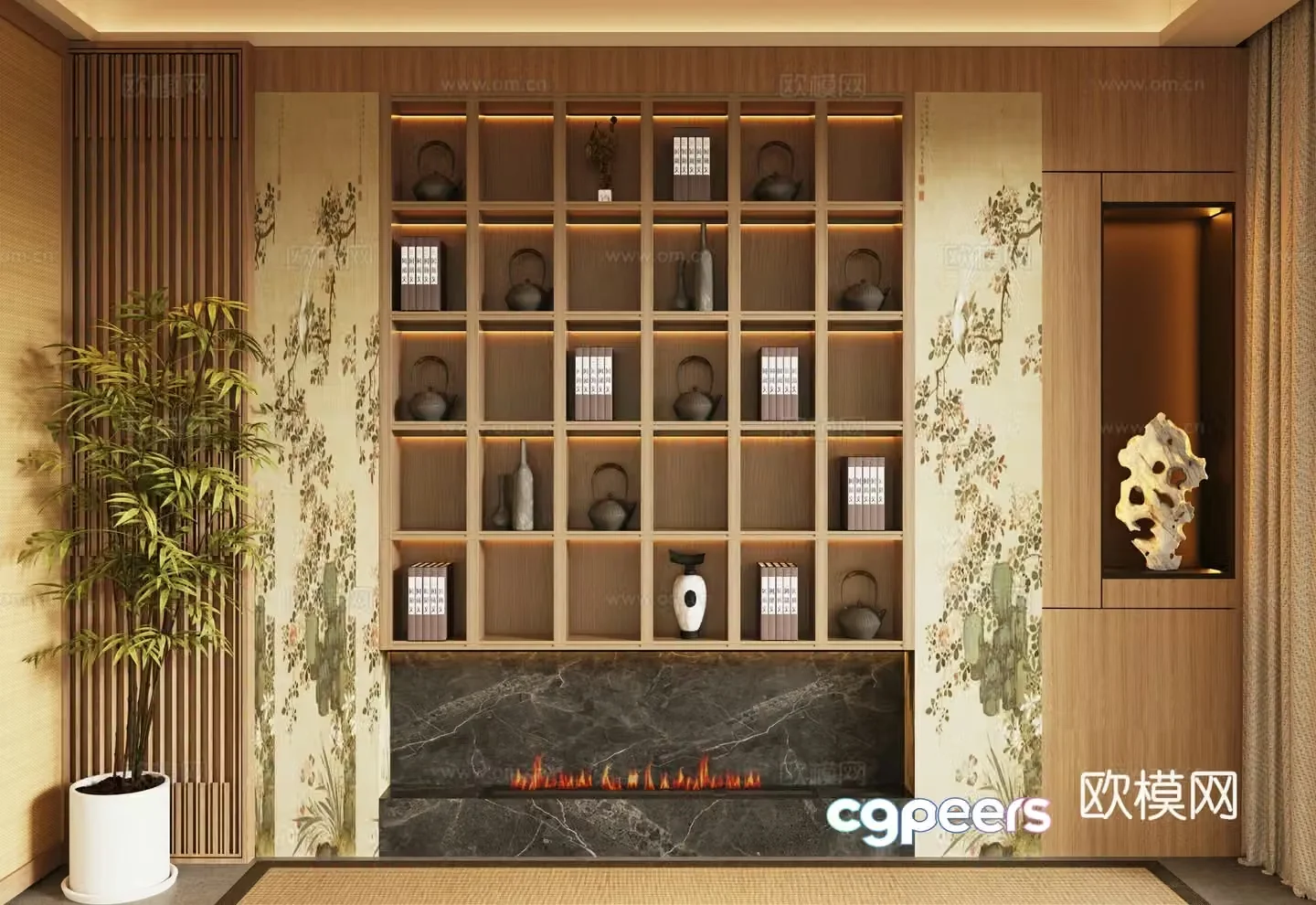 Song style bookcase tea cabinet green plant potted 3D model