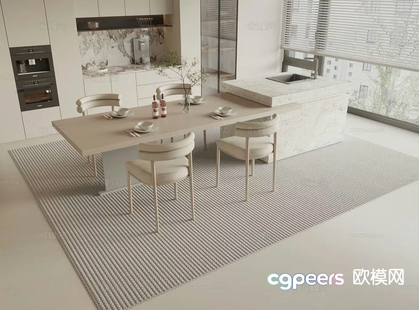 Modern island table dining table and chairs 3d model