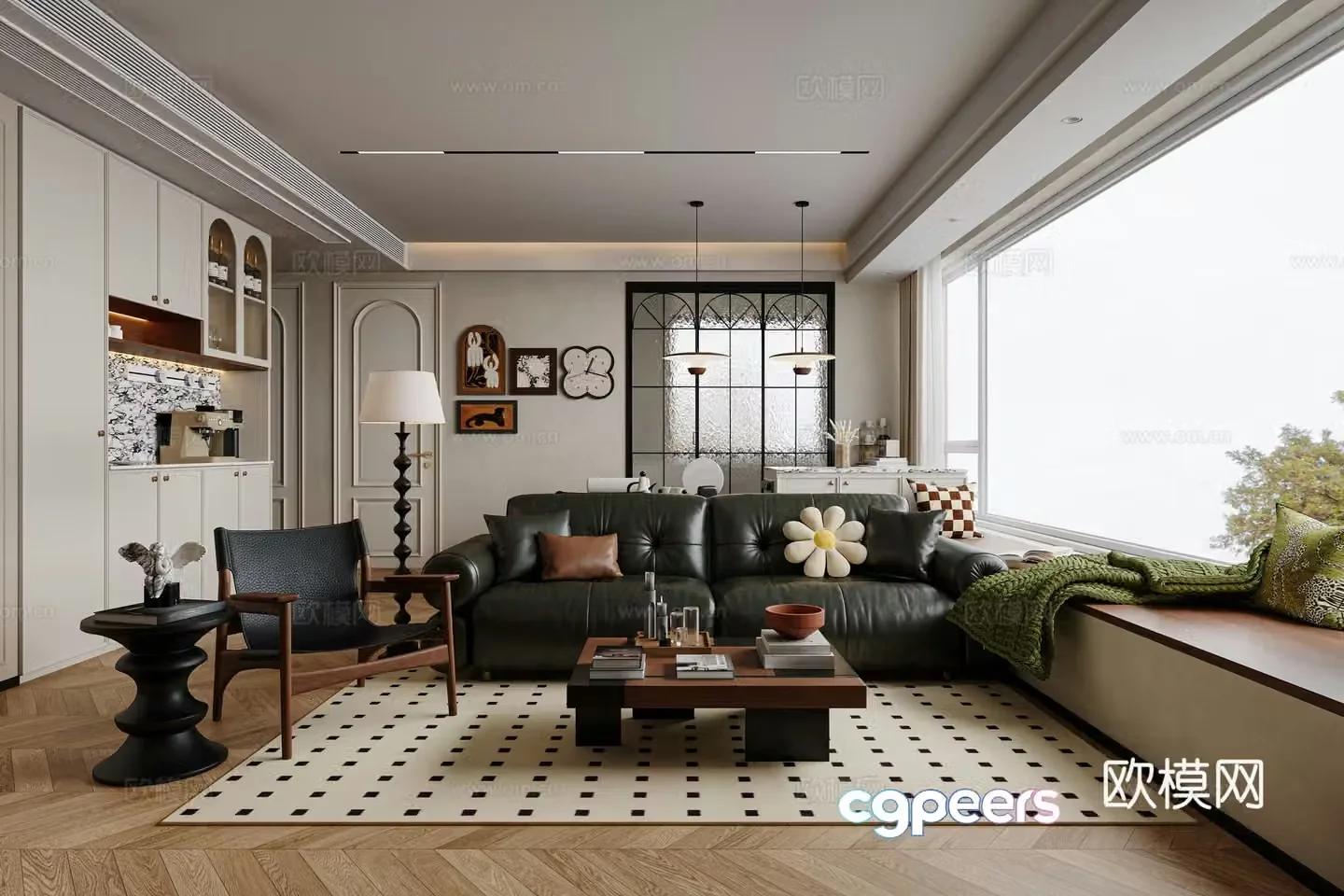 Middle style living room with large bay window living room 3D model