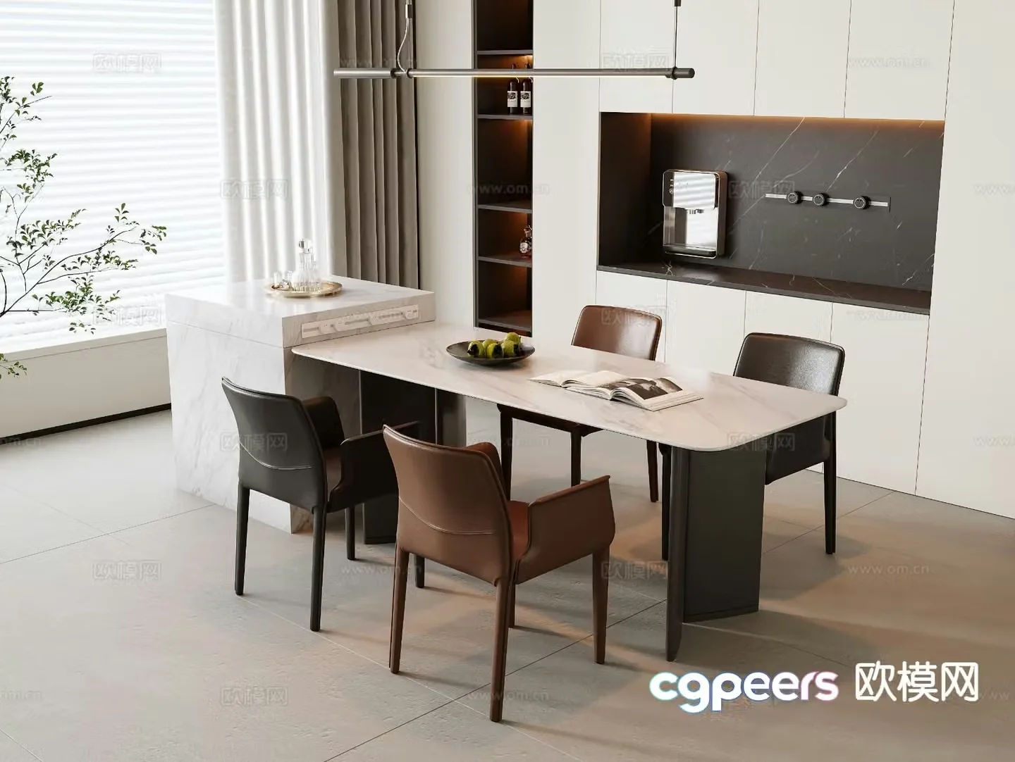 Modern island dining table and chairs 3d model