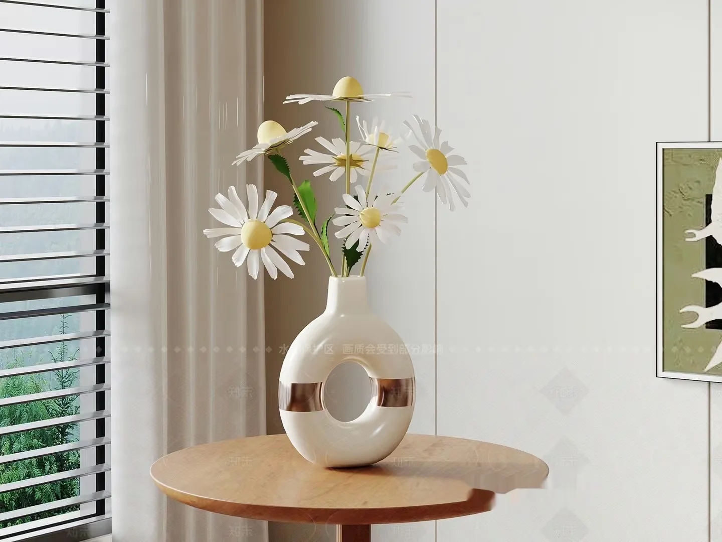 A White Vase With Daisies On A Table 3D Model – 602 – VRAY Render