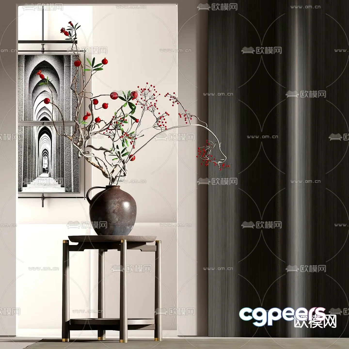 New Chinese style side table corner table pottery pot vase floral 3D model