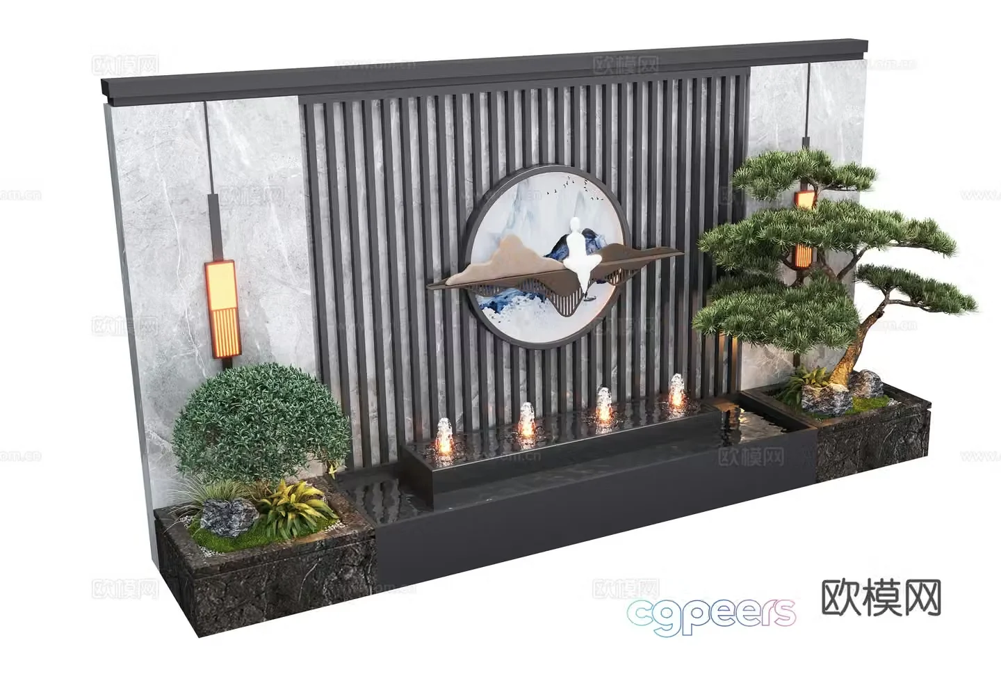 New Chinese style courtyard water view wall landscape wall flowing water fish pond 3d model