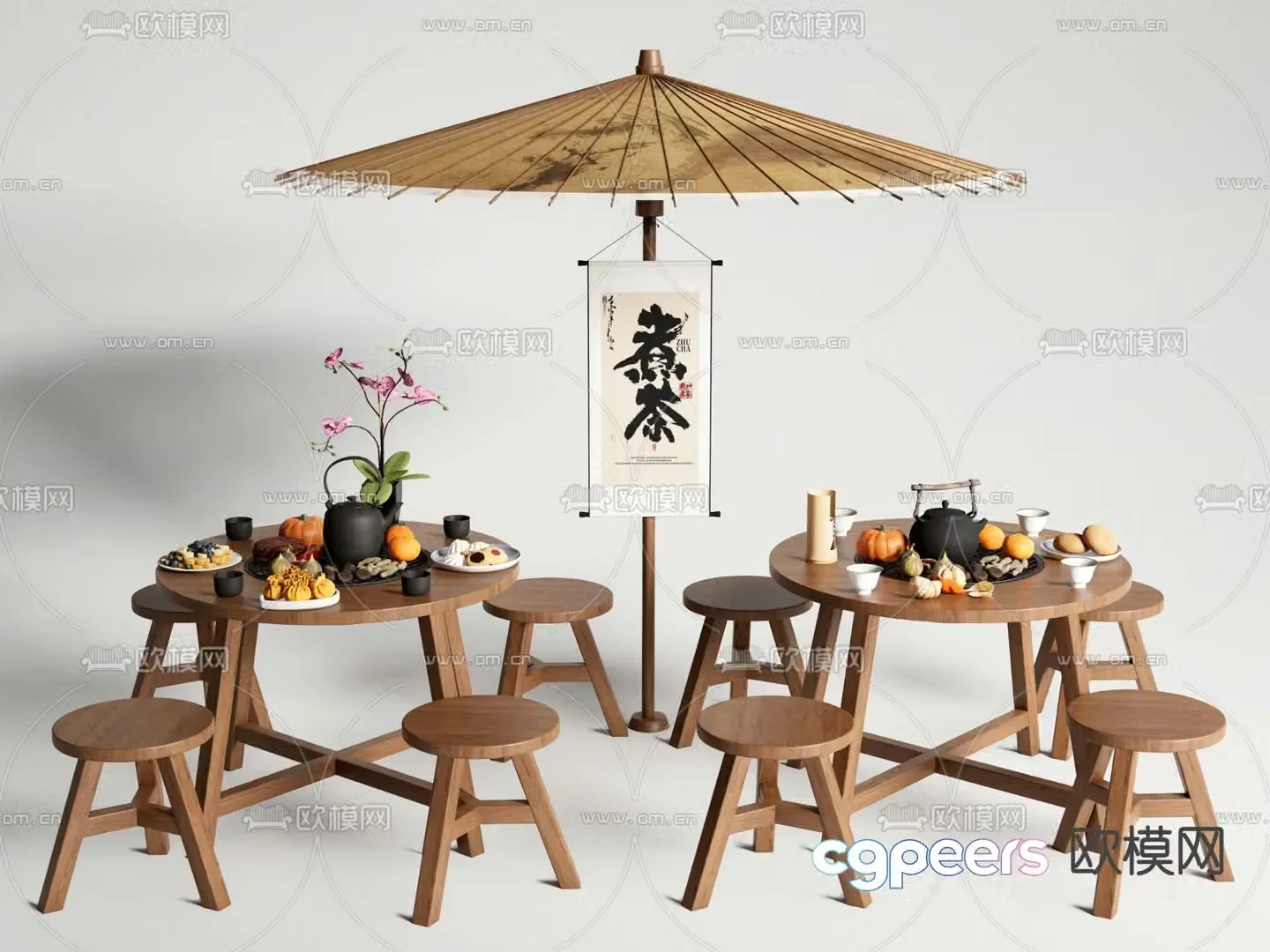 Outdoor table and chairs tea boiling in the stove 3D model