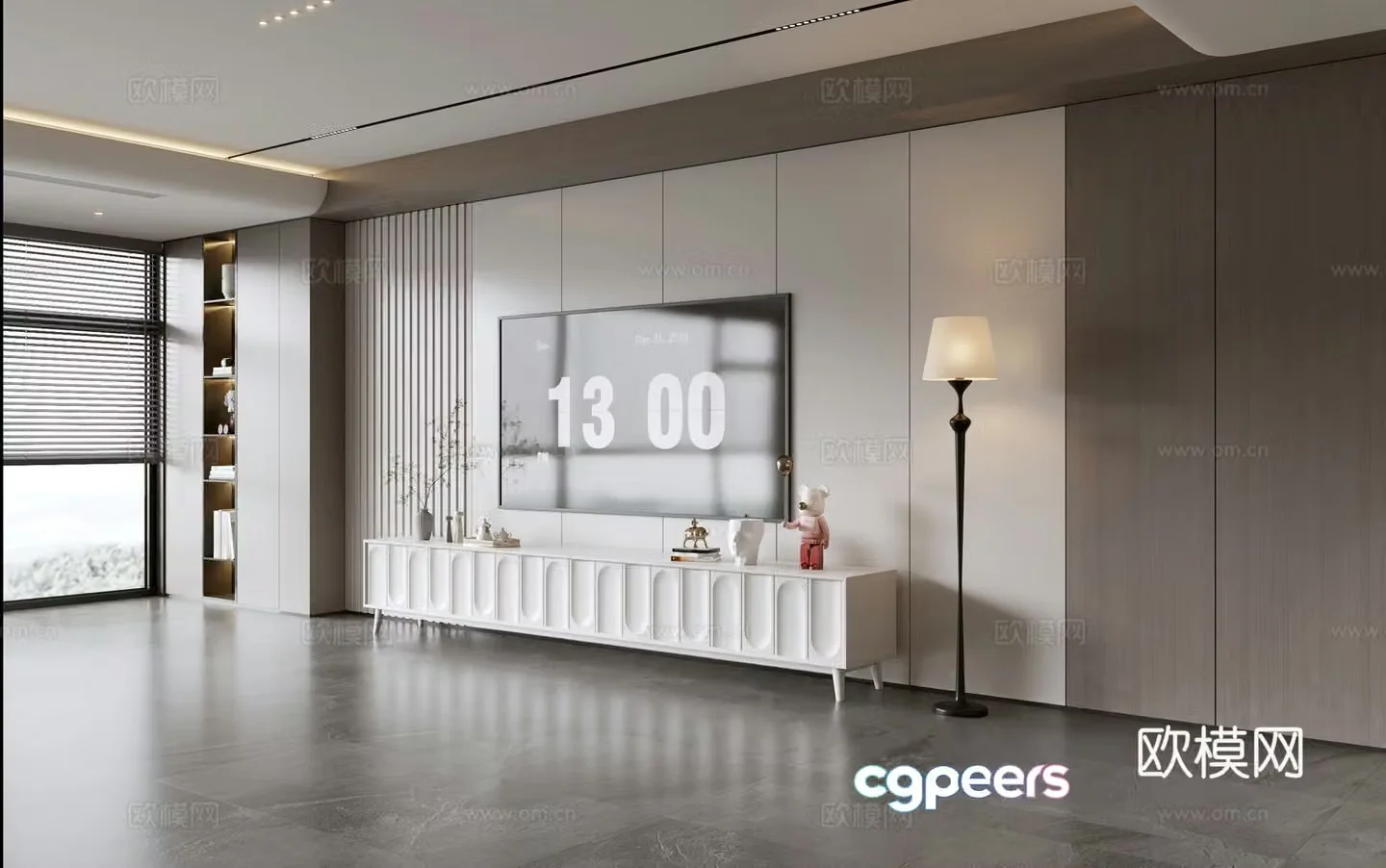 Modern simple living room light luxury TV background wall full wall TV cabinet wooden veneer background wall 3d model
