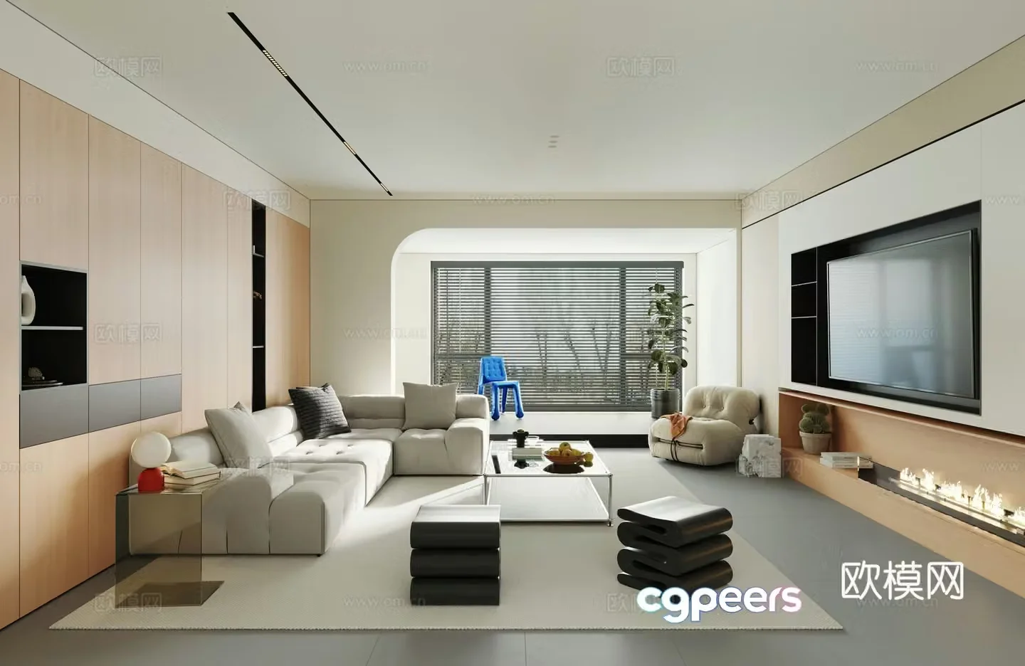 Modern retro style living room horizontal hall large flat 3D model