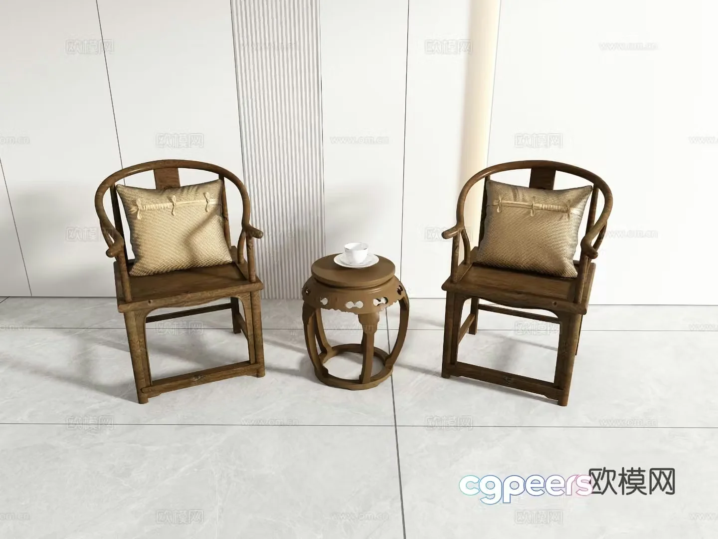 Chinese leisure chair armchair corner table 3D model