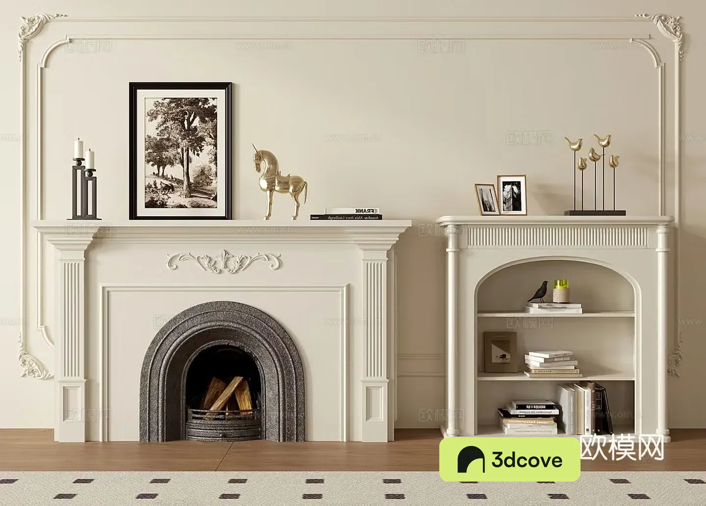 French fireplace Arched fireplace Floor-standing shelf Bookshelf Storage cabinet