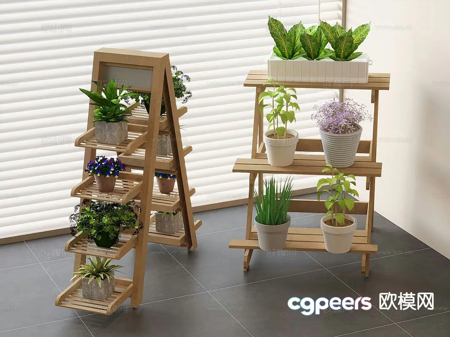 Solid wood flower stand trapezoidal flower stand green plant potted plant 3D model