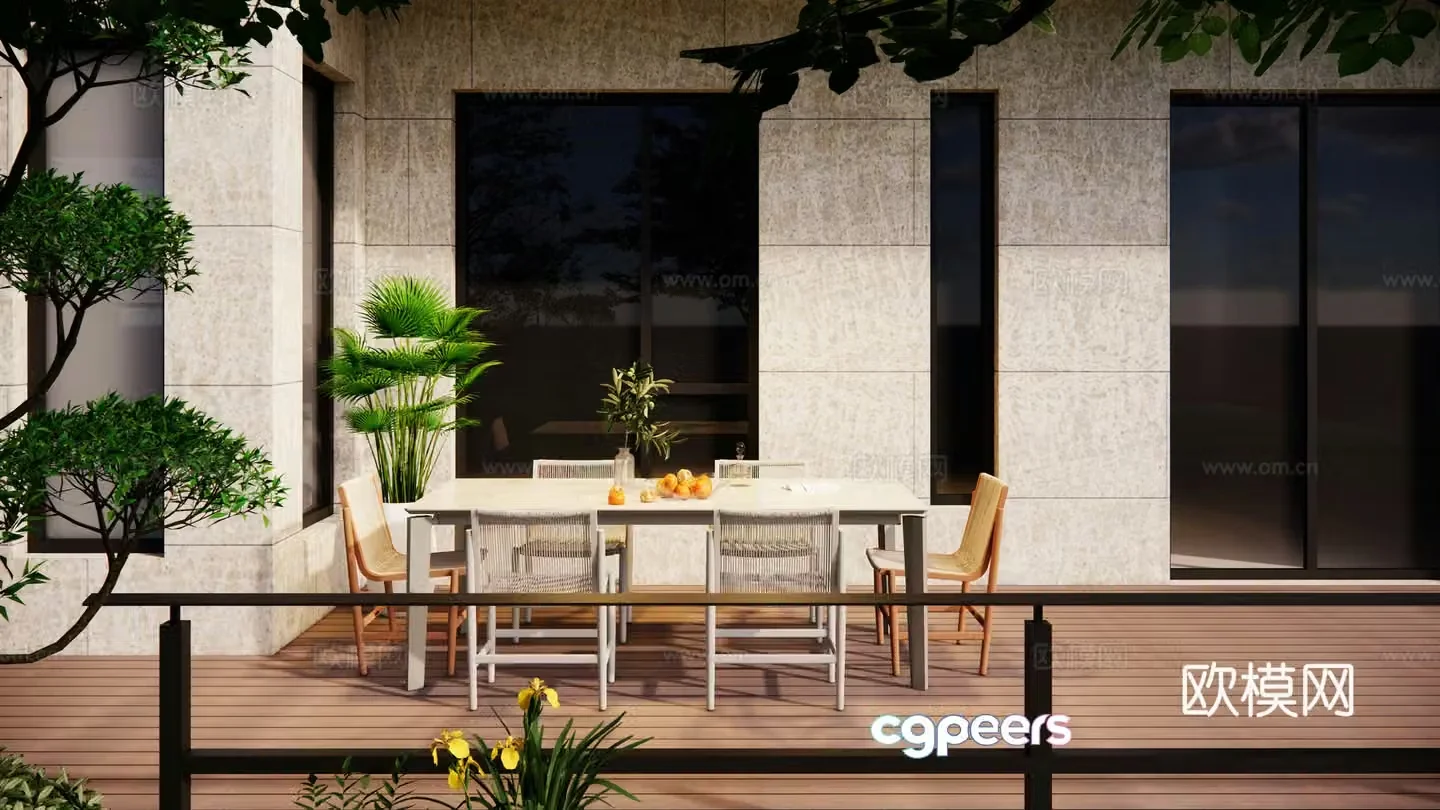 Modern outdoor courtyard garden Self-built house villa landscape Metal long dining table and chairs Water system Mountain and stone 3D model