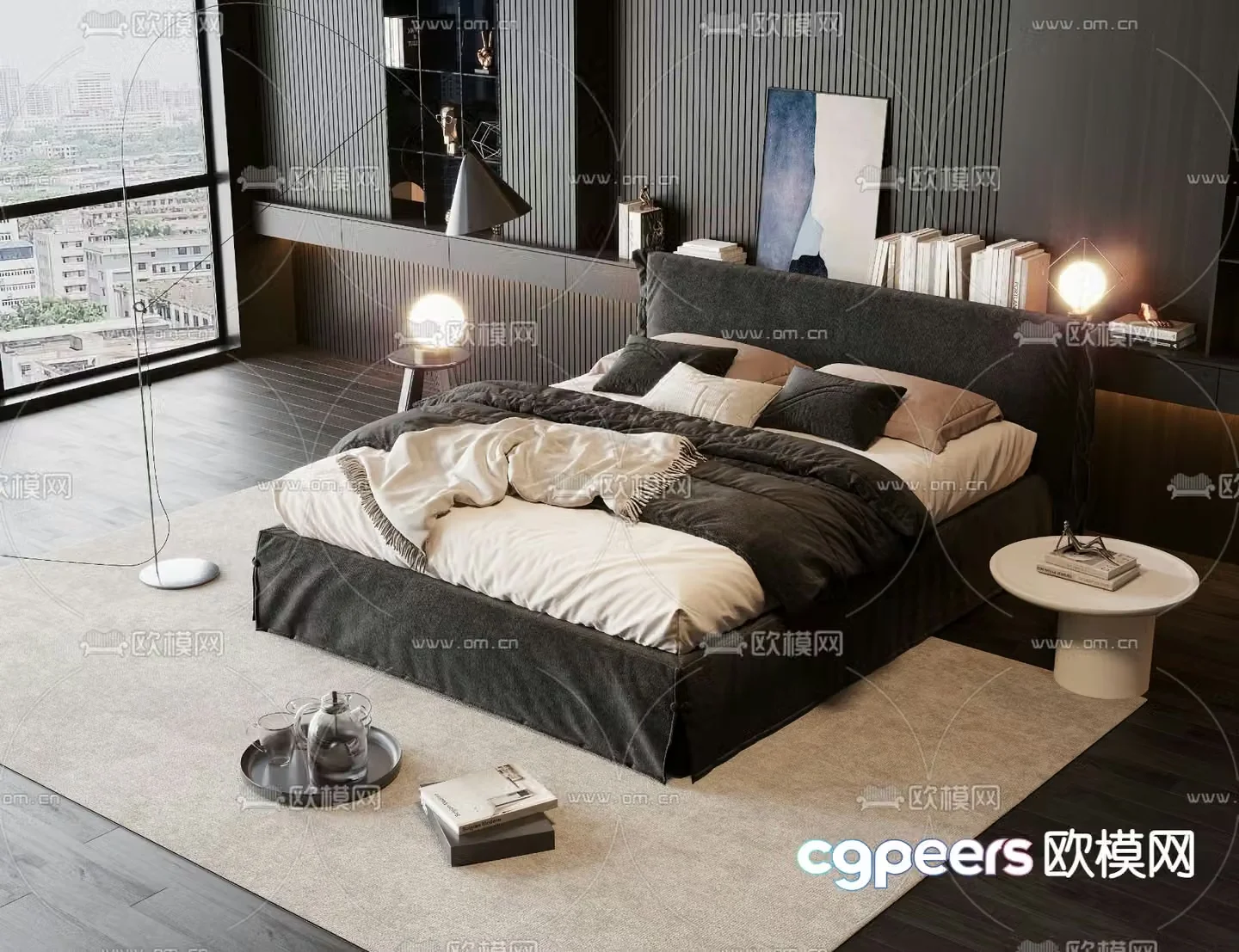 Dark style double bed 3d model