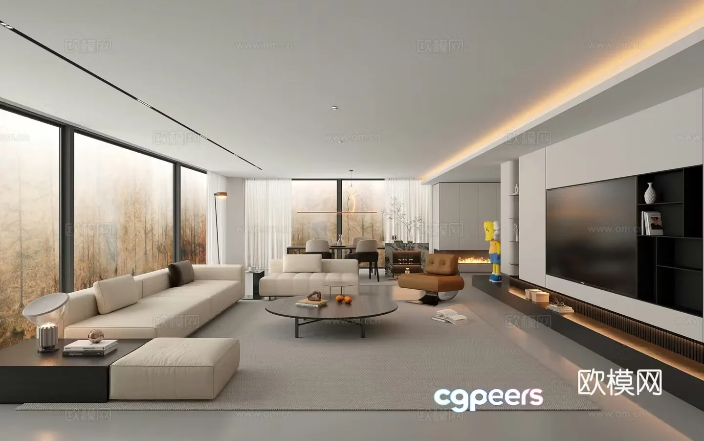 Modern large flat living room black and white living room without owner lights minimalist modern living room 3D model