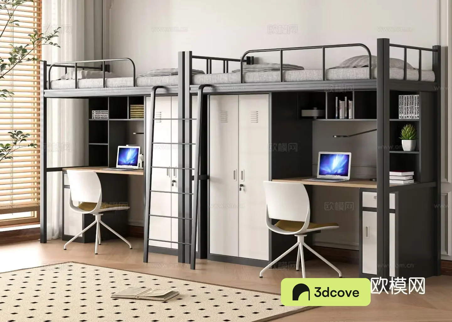 Modern dormitory bed and desk student going to and from bed