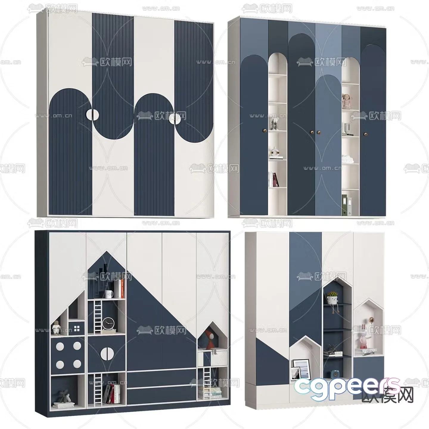 Modern solid wood children’s wardrobe bookcase 3d model
