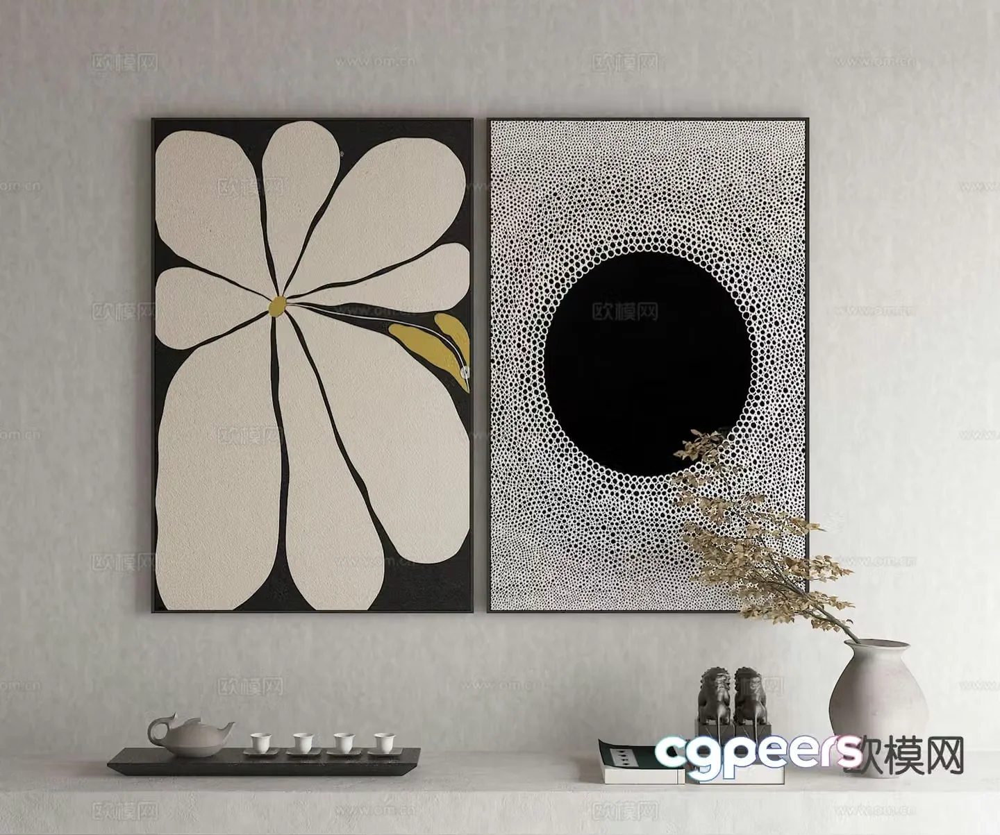 Wabi-sabi style hanging painting combination painting decorative painting 3D model