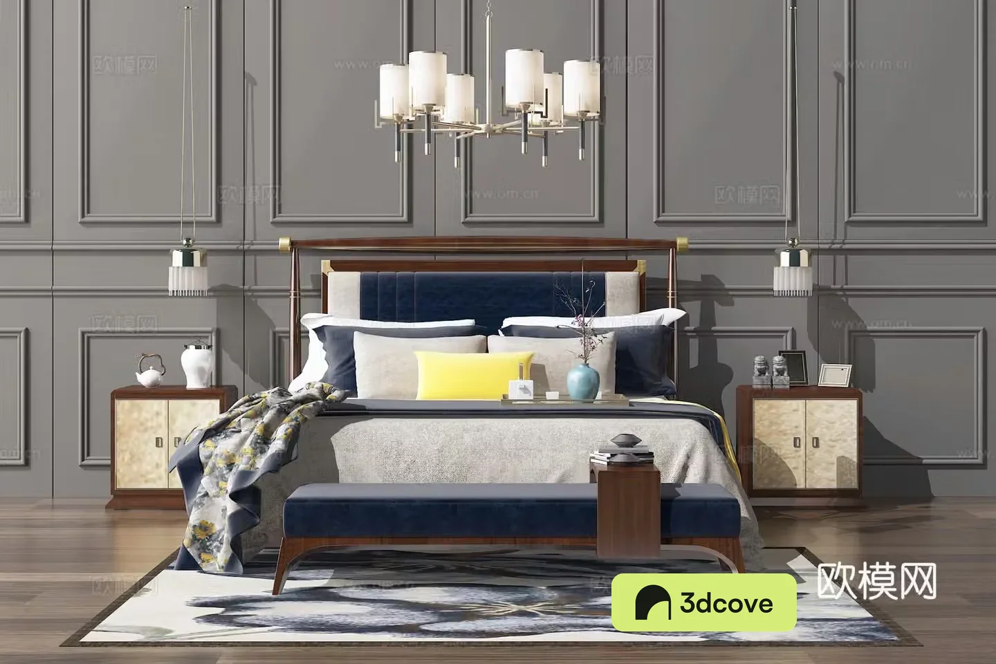 New Chinese-style solid wood double bed chandeliers combination