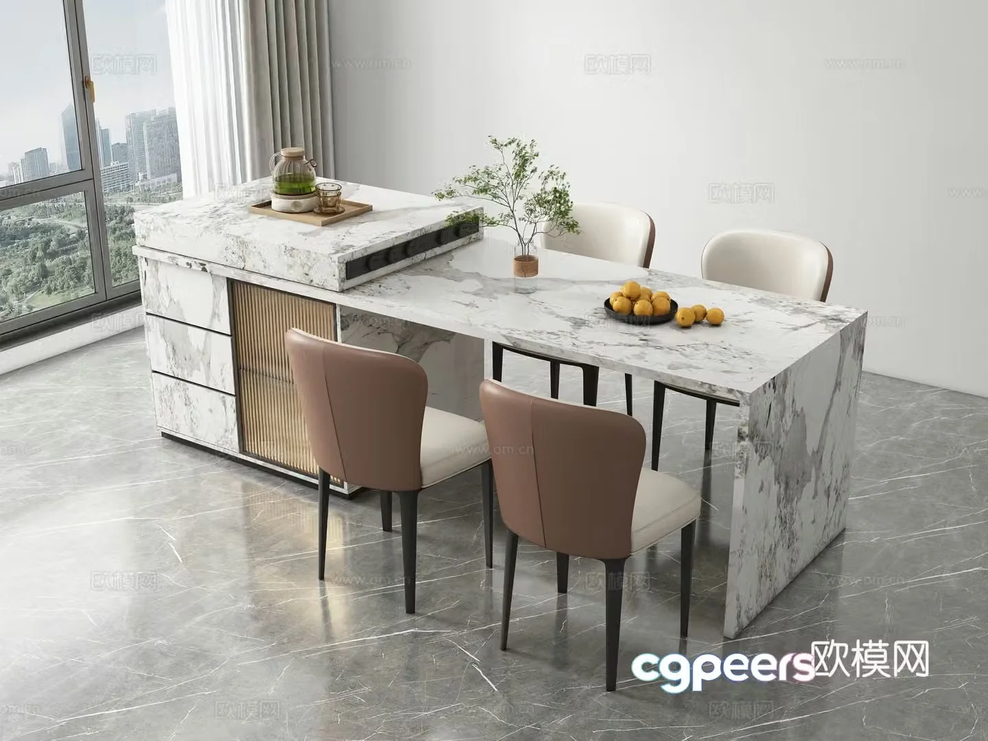 Modern island dining table and chair 3d model