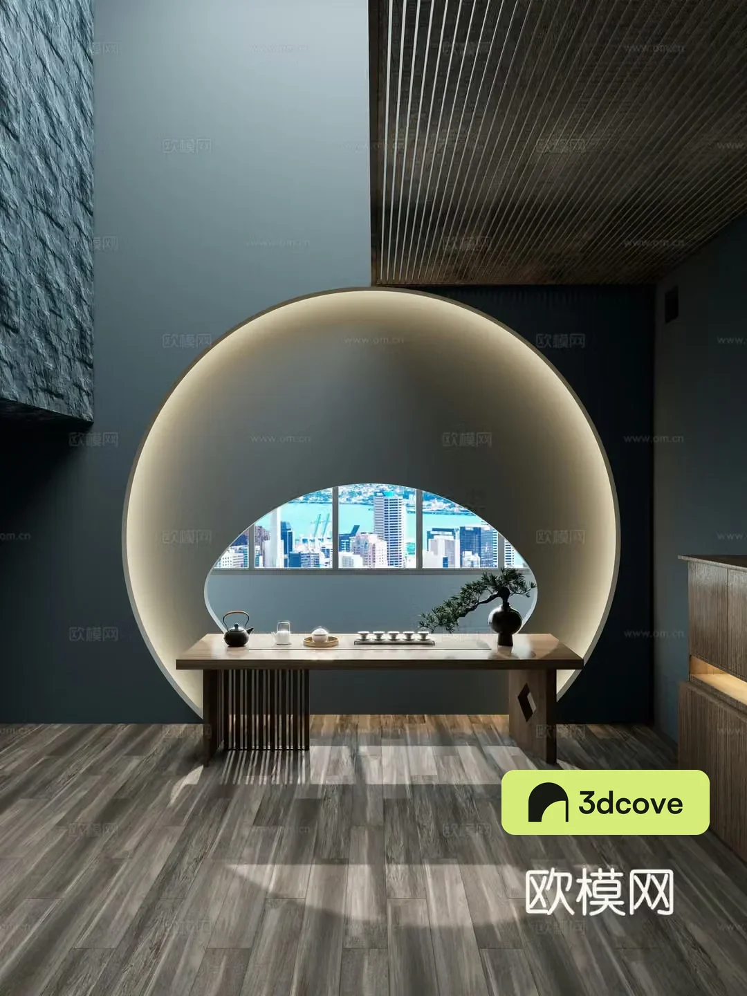 New Chinese tea table and chairs Moon Cave background wall