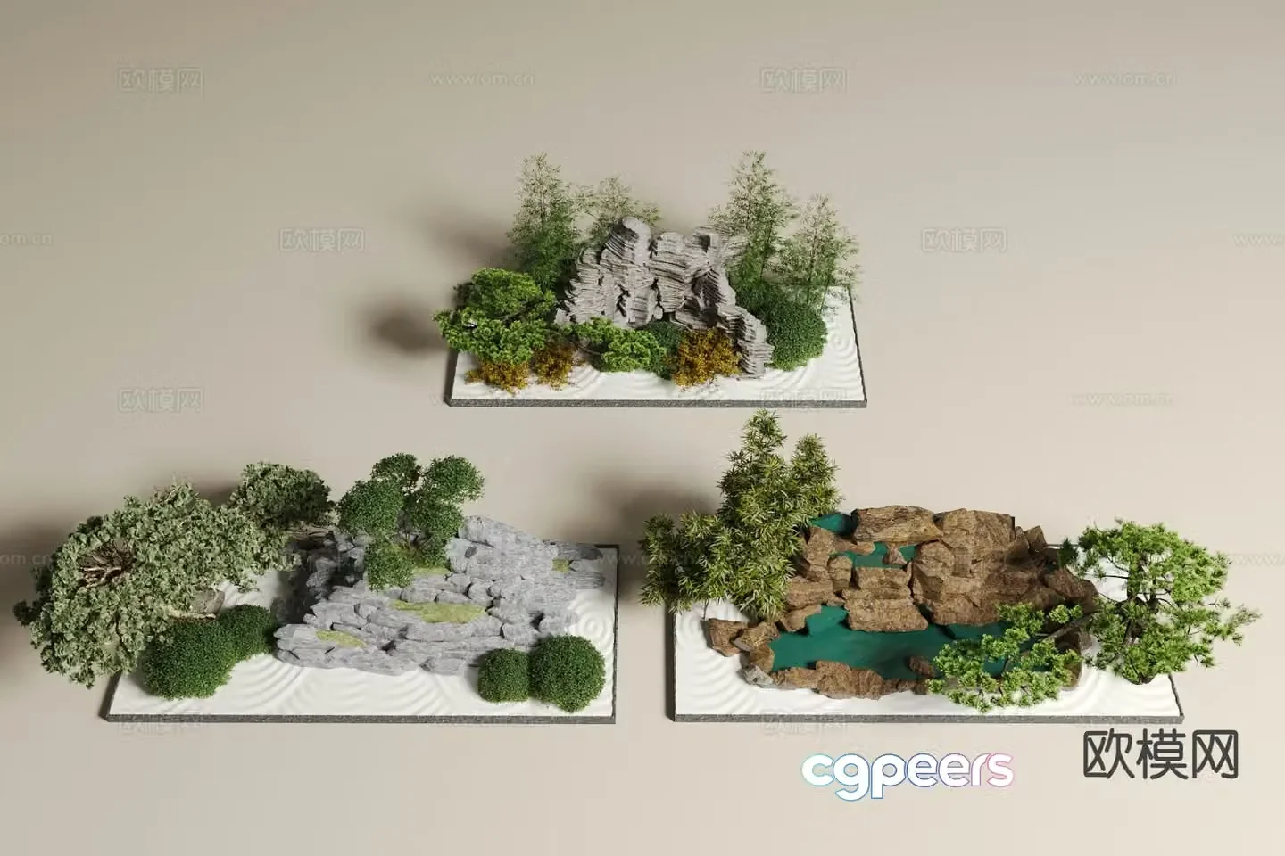 Rockery waterscape stacked stone waterfall plant landscaping 3D model