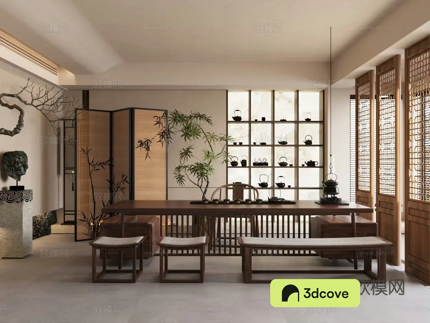 New Chinese-style tea room Tea table and chair combination Bo Gu shelf Screen Green plant