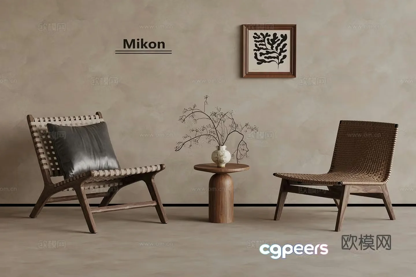 Medium style leisure chair side table hanging painting 3D model