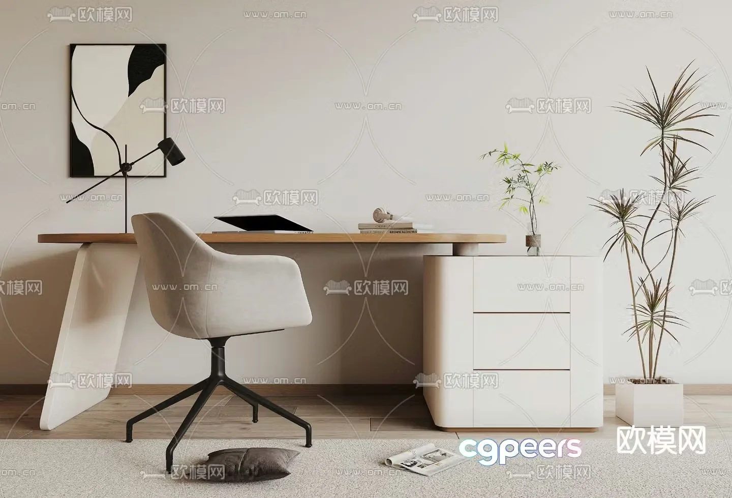 Cream style desk computer desk study table 3d model