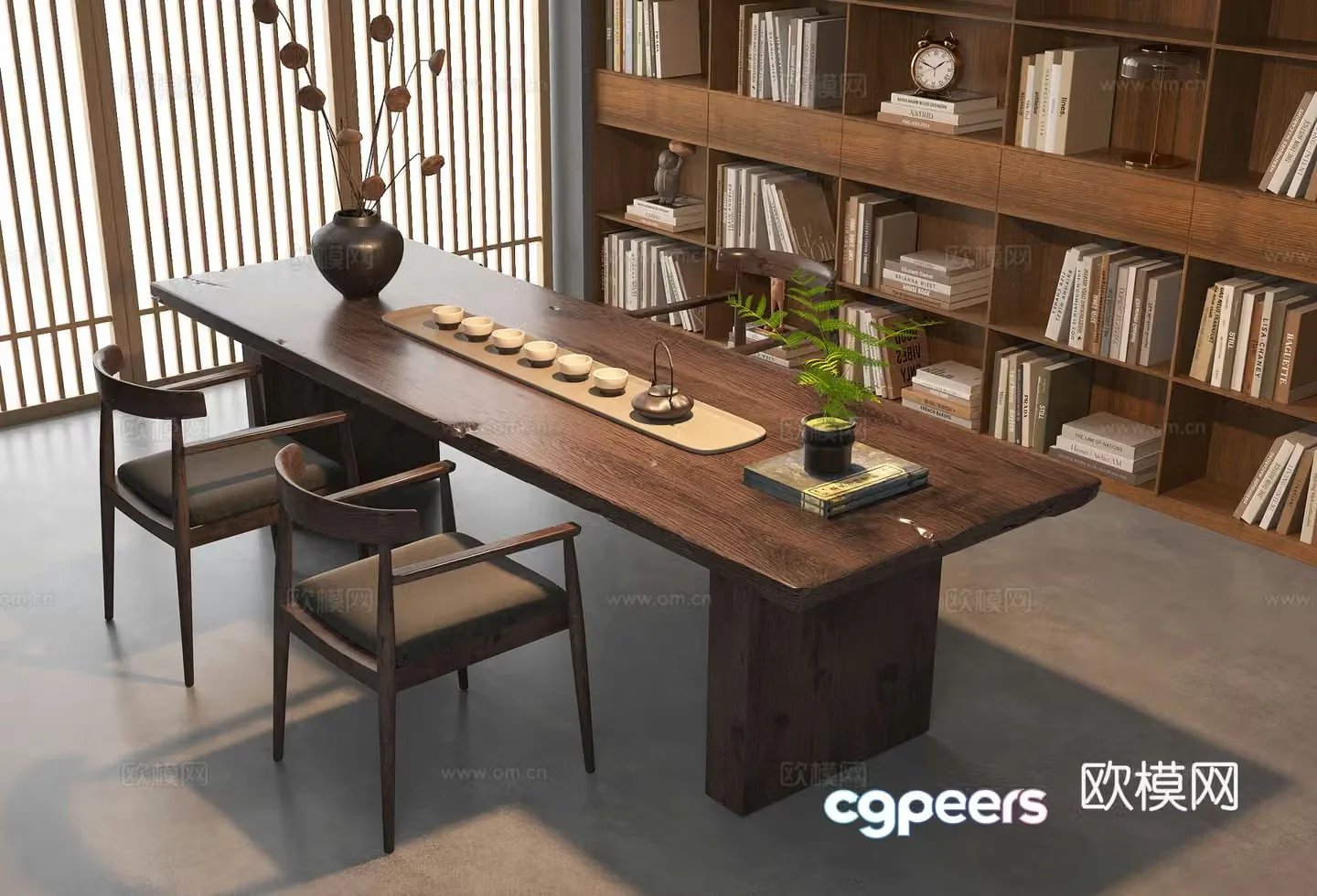 New Chinese-style tea room tea table tea tray tea brewing table bookcase solid wood tea table and chair combination 3D model