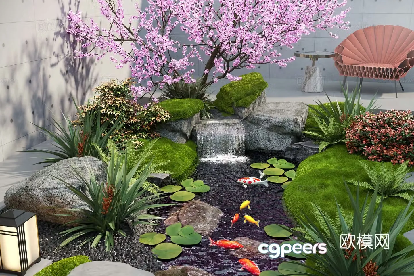 Modern courtyard landscape sketch Water landscape stacked water landscape plants Fish pond 3d model
