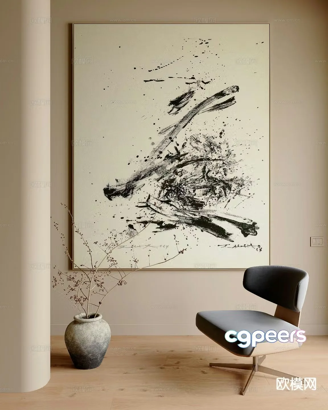 Wabi-sabi painting ink painting decorative painting hanging painting 3D model