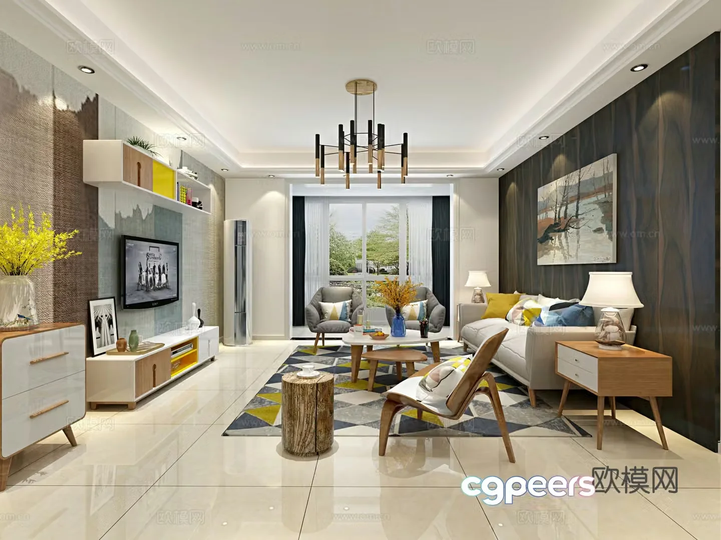 Nordic living restaurant sofa chandelier dining table decoration cabinet painting TV cabinet curtain 3D model