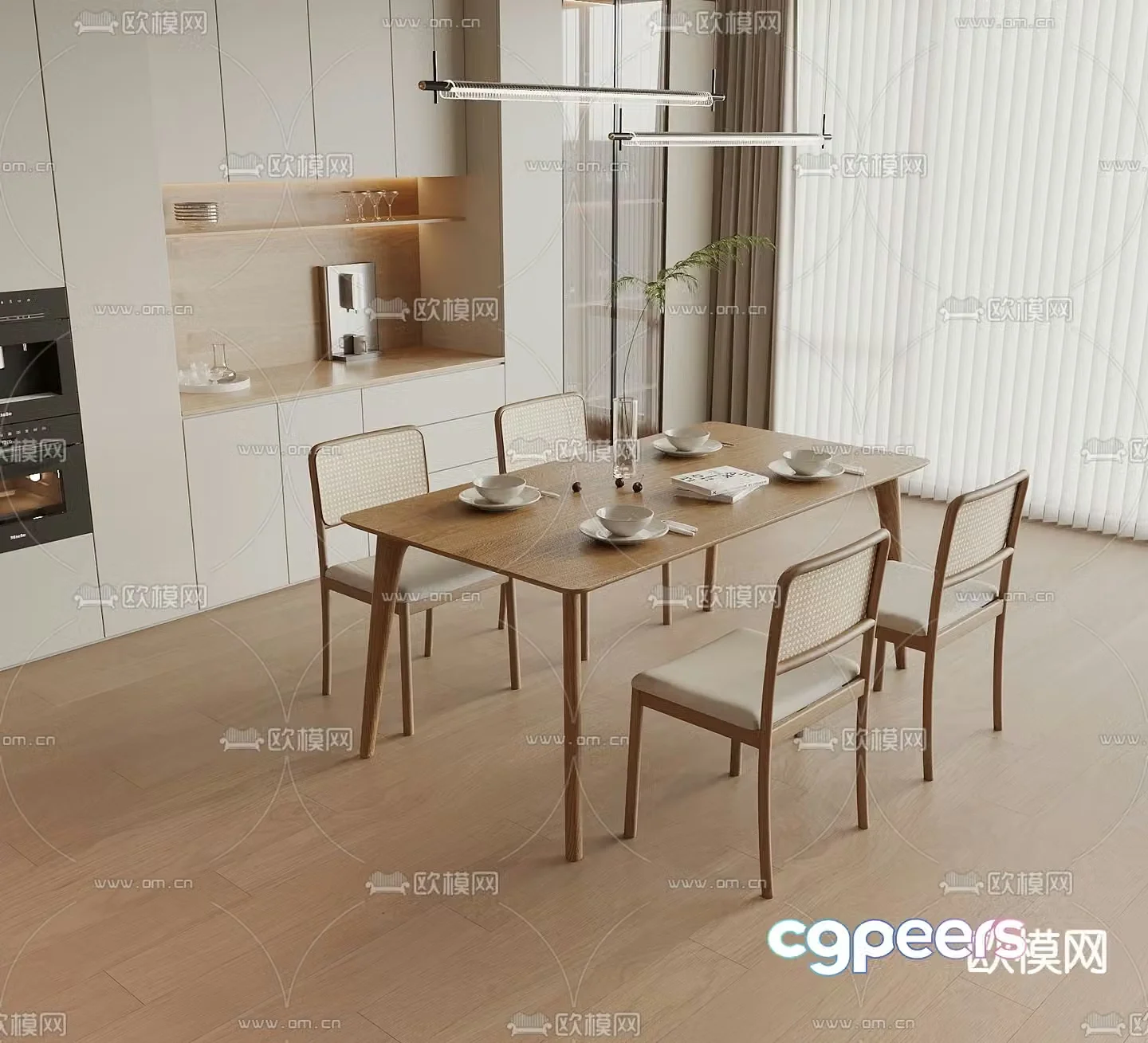 Nordic dining table and chairs strip dining table 3d model