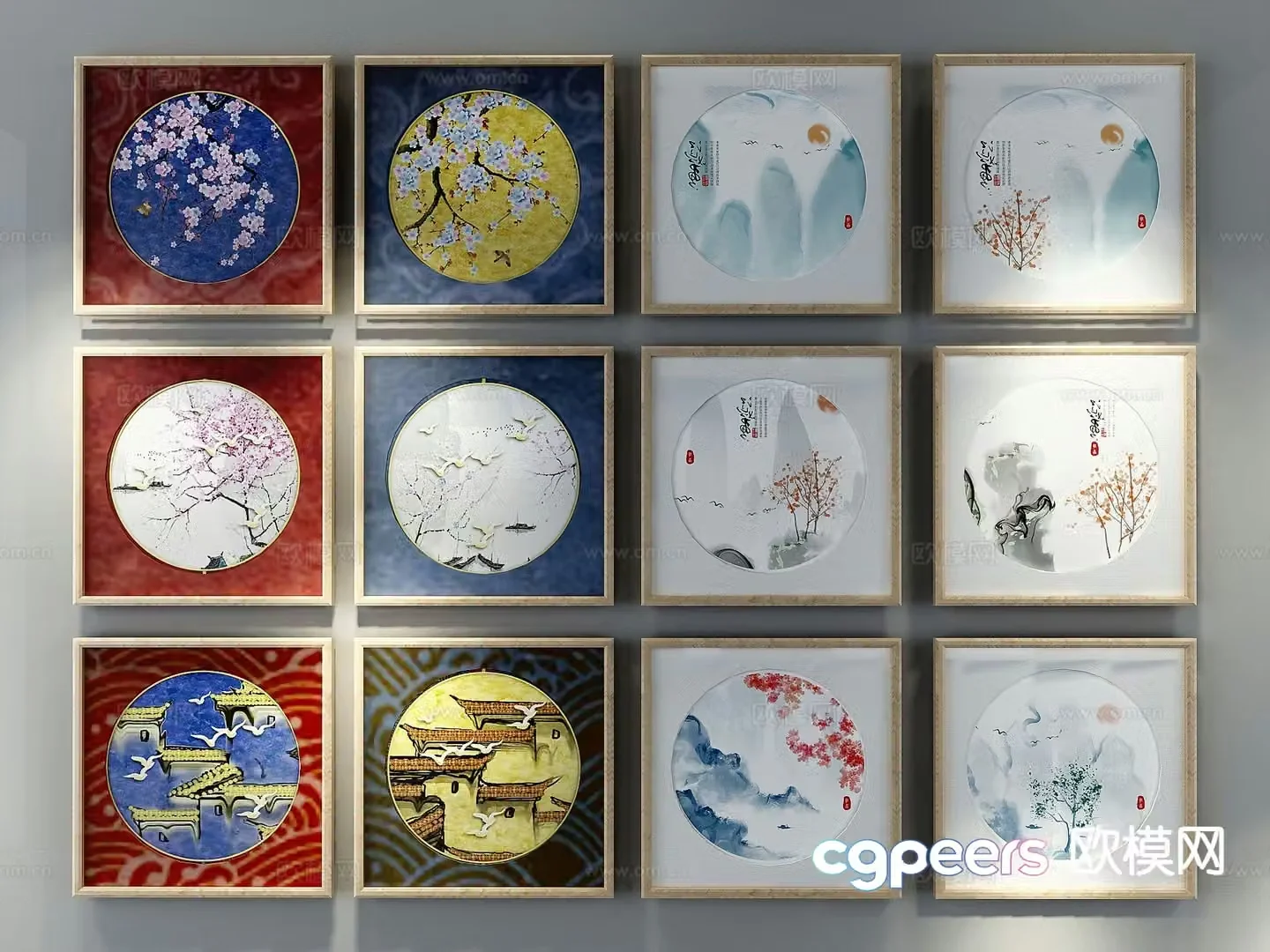 New Chinese style decorative wall chart combination painting landscape painting 3D model