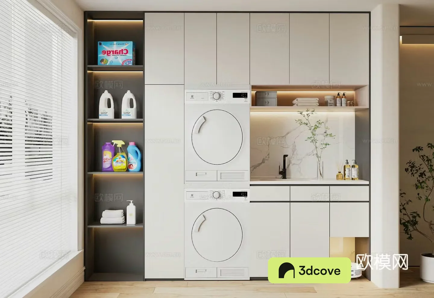 Modern balcony washing machine cabinet washing machine sweeping robot green plant potted
