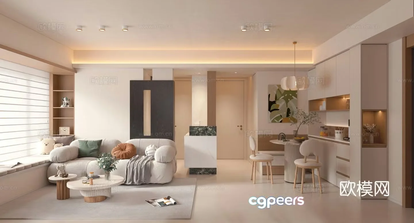 Modern creamy restaurant sofa and coffee table combination booth dining table and chair open study room 3D model