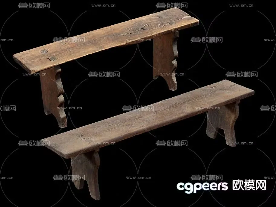 Long wooden bench long bench 3d model