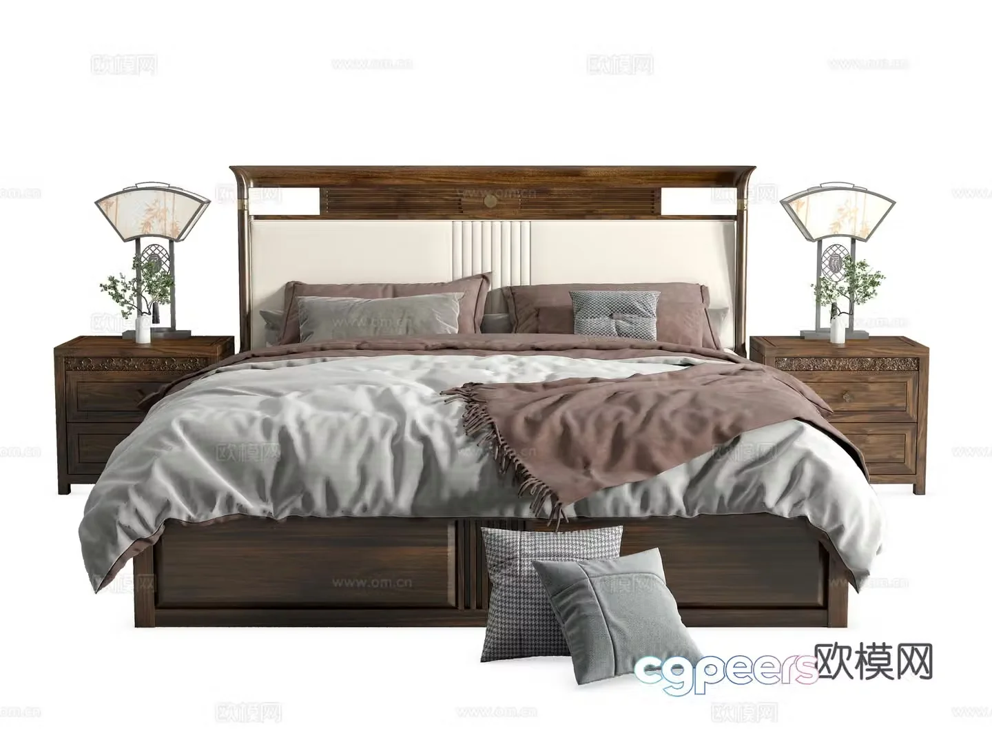 New Chinese style bed solid wood bed black gold wooden double bed bedside table bedroom bed 3D model