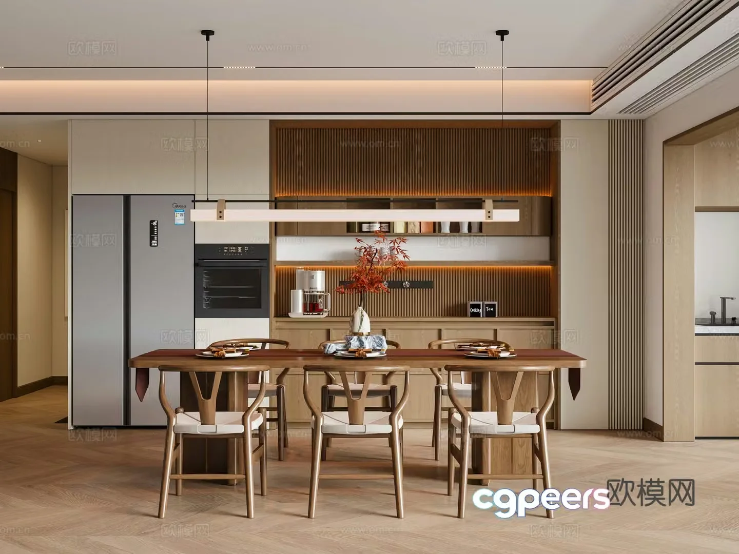 New Chinese Song style restaurant dining table and chair chandeliers sideboard wine cabinet 3D model