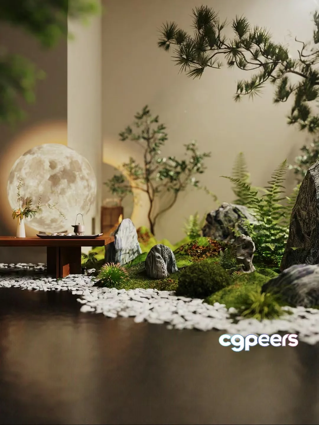 A Serene Indoor Garden With A Large Moon Sculpture 3D Model – 1096 – VRAY Render