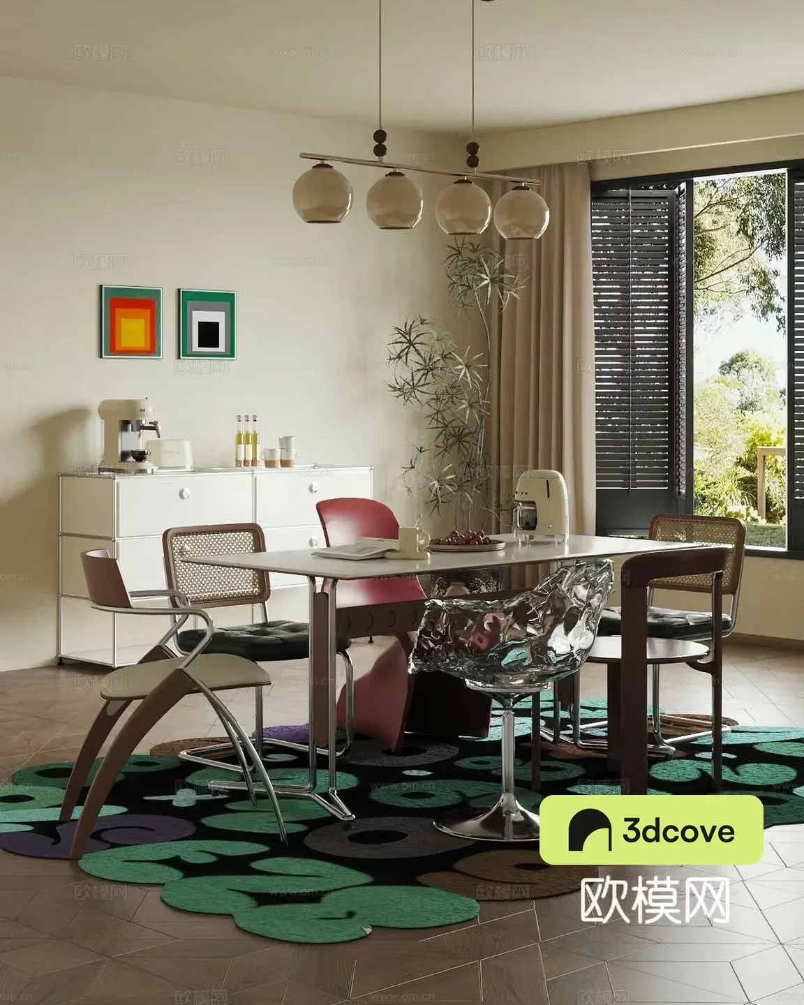 Middle style restaurant dining table and chairs sideboard 3D model
