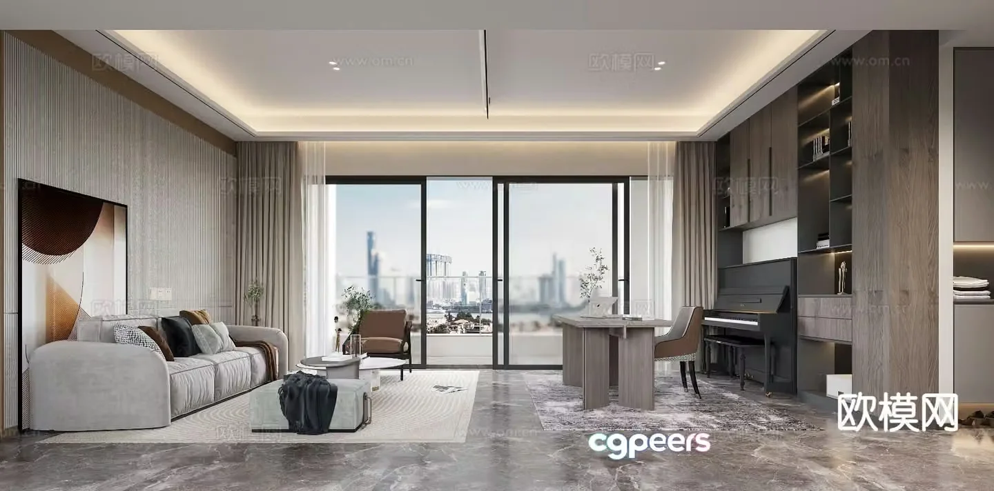 Modern living room and dining room horizontal hall 3D model